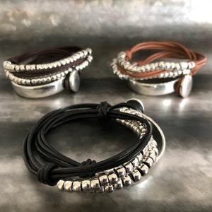 Bohemian Leather Wrap Bracelet Black Leather Cuff Silver Tone Metal Leather Bracelet Women vintage Multilayer Wrap birthday Boho style Gift