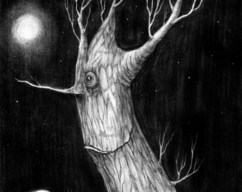 Magical Tree Art Print | Fantasy Folk Art Fairytale Moon Tree Illustration Wall Art Tree Print