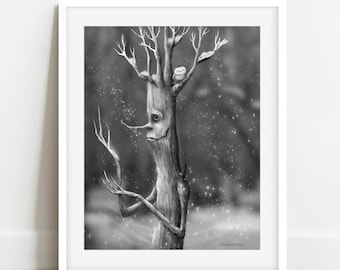 Winter Tree Art Print | Woodland Snow Fantasy Art Owl Tree Illustration Wall Art Tree Print