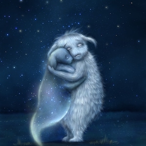 Night Sky Creature Art Magical Blue Illustration Melancholy Stars Creature Lovers Gift Ghost Spirit Hug