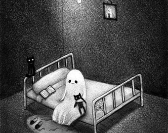 Ghost on bed with cats - Illustration art print