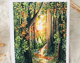 Stampa artistica a guazzo: Paesaggio con sentiero nel bosco, firmata, formato A5, carta fine art.