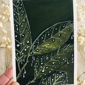 Original Gouache Painting Water Droplets On Leaves, Nature Art, Rain drops painting, leaves painting, Forest leaves Painting Wall Decor,