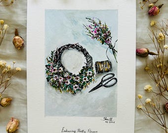 Guirnalda de flores de primavera *Pintura original, arte botánico floral, decoración para taller de manualidades