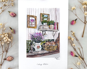 Cottage Kitchen *Original Painting, English Countryside Countertop, Rustic Farmhouse Landscape, Cozy Cottage Decor