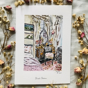 May include: Watercolor painting of a bedroom scene. The artwork depicts a vanity with a mirror, a floral-patterned stool, and a bed with a pink floral comforter. The painting is titled "Blissful Bedroom" and is surrounded by dried flowers.