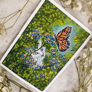 Original Gouache Fantasy Cat Butterfly Art, Cat Lovers Gifts - Magical Forest Butterfly Artwork Painting, Hand painted, animal lover gift