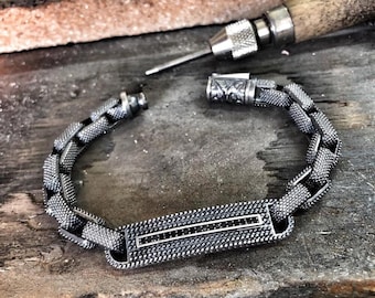 Solid Sterling Silver Chain Black Zircon Bracelet, Wide Large Big Bracelet with Zircon Stone, Mens Bracelet, Mens Jewelry, Dad Gift