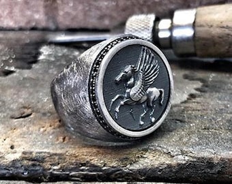Silver Pegasus Ring with Zircon Stone Signet Hand Engraved Jewelry for Men, Handmade Sterling Silver Jewelry for Men, Gift for Him