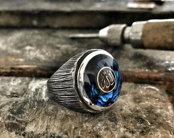 Engraved Silver Ring with Blue Enamel and Allah Inscription - Elegant Islamic Men's Jewelry Perfect for Father's Day