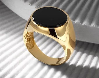 18K Gold Bonded Signet Ring for Men | Black Onyx, Tiger Eye or Pearl | Custom Engraved Luxury Minimalist Ring | Gift for Him
