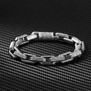 Handmade Sterling Silver Bracelet for Men | Heavy Engraved Chain | Unique Father&#39;s Day Gift | Summer Jewelry for Him