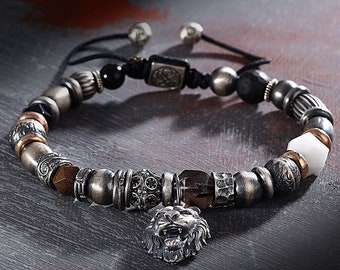 925 Sterling Silver Lion Charm Bracelet, Handcrafted Adjustable Men&#39;s Jewelry, Perfect for Gifts