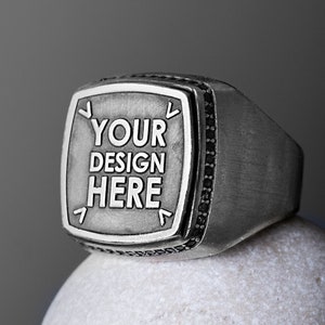 Anillo de sello de plata grabado personalizado - Joyas personalizadas para hombres - Regalo hecho a mano para el Día del Padre - Anillo de plata esterlina único