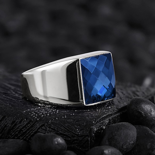 Bague minimale en argent pour homme avec pierre de zirconium bleu, cadeau Saint-Valentin, cadeau bijoux en argent pour lui, cadeau d'anniversaire pour homme, bijoux en argent pour homme