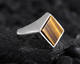 Mens Silver Tiger Eye Minimalist Classic Design Brown Modern Square Genuine Gemstone Ring, Men Wedding Gift, Boyfriend Memorial Day Gift