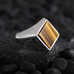 Herren Silber Tigerauge Minimalist Klassisches Design Braun Modernes Quadrat Echter Edelstein Ring, Männer Hochzeitsgeschenk, Freund Gedenktag Geschenk