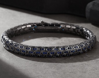 Pulsera de pitón con panal de abeja en plata de ley 925 con gemas azules o moradas / Brazalete unisex con escamas de serpiente / Regalo personalizado
