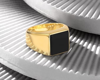 18K Gold Bonded Signet Ring | Square Black Onyx, Pearl or Amethyst Gem | Engravable Minimalist Band | Unisex Luxury Gift