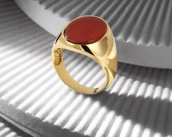 Red Agate 18K Gold Bonded Ring, Minimal Modern Ring, Classic Ring, Valentine's Day Gift, Statement Ring, Husband Gift, Men Silver Jewelry