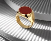 Agate Stone Rounded 18K Gold Bonded Ring, Gift for Him, Red