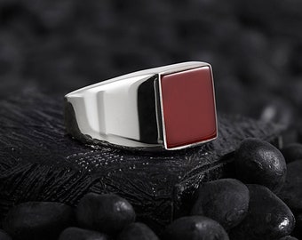 Men Red Agate Stone, Minimal Silver Ring for Men, Valentine's Day Gift, Handmade Unique Birthday Gift for Him, Unique Silver Jewelry for Men