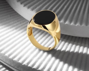 Unisex 18K Gold Bonded Signet Ring with Onyx, Tiger Eye, Pearl, Turquoise Gem Options & More | Custom Engraved Gemstone Jewelry Gift
