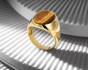 Tiger Eye 18K Gold Bonded Ring, Memorial Gold Statement Ring, Minimal Classic Modern Ring, Unique Gift for Him, Valentine&#39;s Day Jewelry