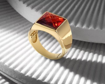 18K Gold Bonded Signet Ring | Custom Gemstone & Engraving | Onyx Zircon Agate Tiger Eye Birthstone | Men’s Statement Gift | Luxury Gift