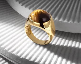 18K Gold Bonded Signet Ring | Tiger Eye Cabochon Gemstone | Engravable Men’s Statement Band | Luxury Gift for Him, Birthday, Anniversary