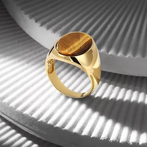 Tiger Eye 18K Gold Bonded Ring, Memorial Gold Statement Ring, Minimal Classic Modern Ring, Unique Gift for Him, Valentine&#39;s Day Jewelry