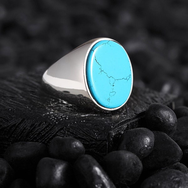 Bague en argent faite main pour homme, cadeau Saint-Valentin, bague en argent avec pierre turquoise naturelle, cadeau unique fait main pour homme, bague en argent sterling pour homme