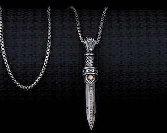 Locket Silver Antique Sword Pendant Necklace, Sterling Silver Ancient Pendant, Handmade Unique Birthday Gift, Unisex Valentine&#39;s Day Gift