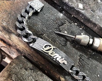 Personalized Silver Chain Bracelet, Hand-Engraved Valentine&#39;s Day Gift, Heavy Handmade Unique Jewelry for Him, Men Birthday Gift