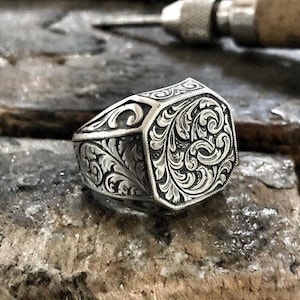 Handmade Sterling Silver Men’s Ring - Unique Engraved Gift - Birthday, Valentine&#39;s Day, Anniversary - Men’s Jewelry