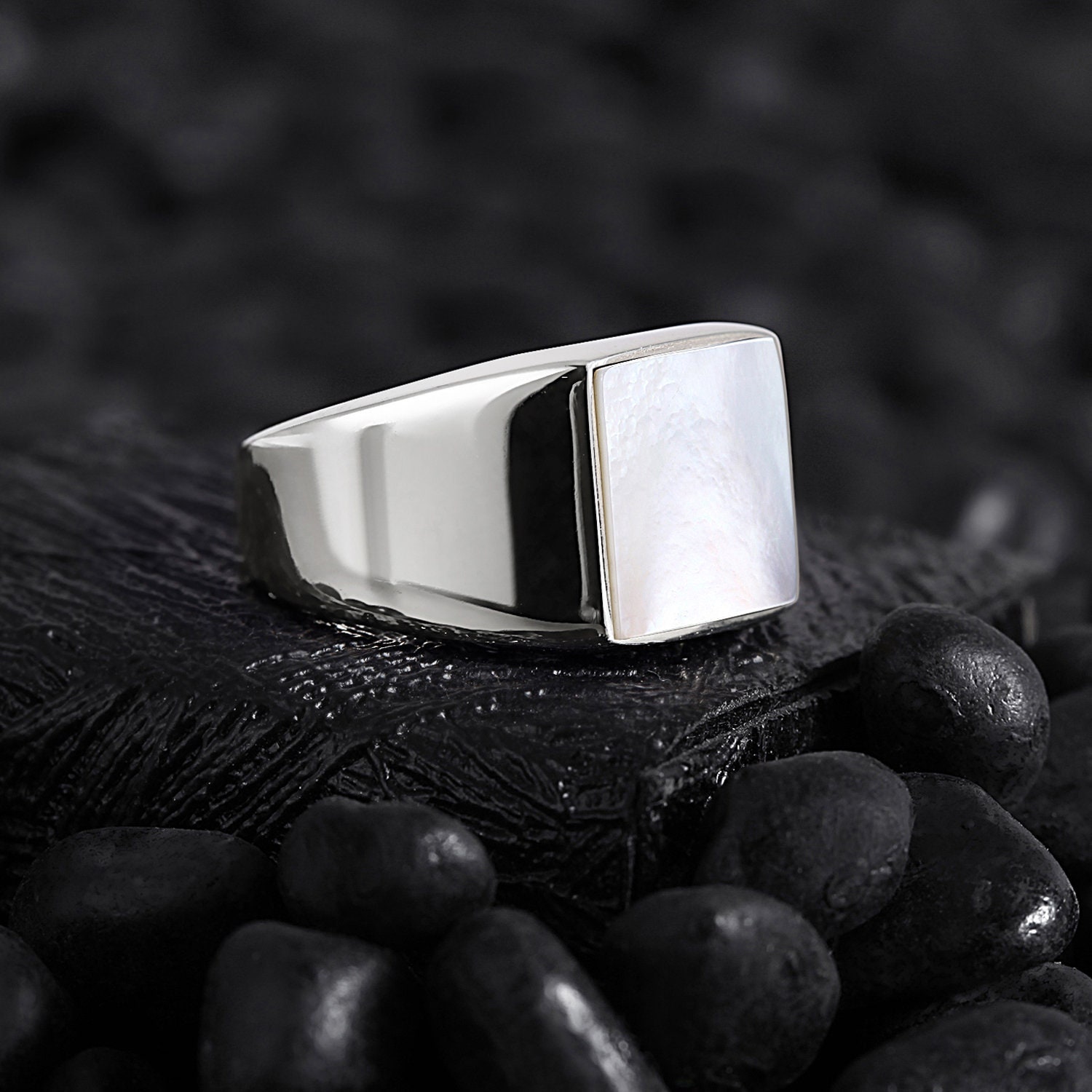 Mens Mother of Pearl Ring Silver Minimal Ring White Simple Etsy