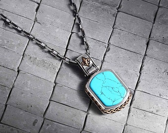 Sterling Silver Turquoise Pendant Necklace | Onyx & Agate Options | Men’s Gemstone Necklace 18-24 in | Handmade Gift