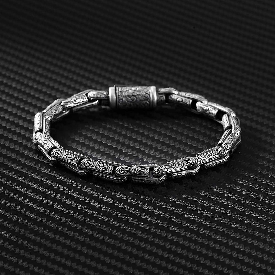 925 Sterling Silver Men's Engraved Chain Bracelet | Luxury Handmade ...