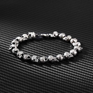 925 Sterling Silver Skull Bracelet | Heavy Gothic Chain Cuff for Men | Handmade Biker Punk Gift
