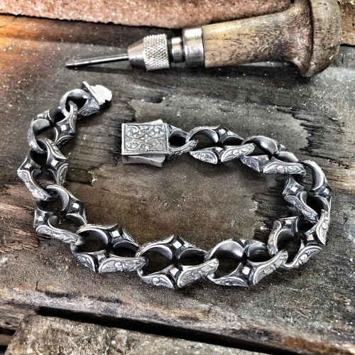 925 Sterling Silver Heavy Link Bracelet | Hand-Engraved Gothic Chain Cuff for Men | Handmade Statement Gift