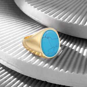 18K Gold Bonded Turquoise Ring, Valentine&#39;s Day Gift, Unique Birthday Gift for Men, Silver Statement Ring Gift for Him, Sterling Silver Ring