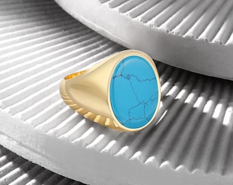 18K Gold Bonded Turquoise Ring, Valentine&#39;s Day Gift, Unique Birthday Gift for Men, Silver Statement Ring Gift for Him, Sterling Silver Ring