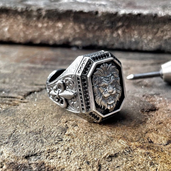 Mini Stone Engraved Flat Brown Tigers Eye Stone Silver Mens Ring » Anitolia