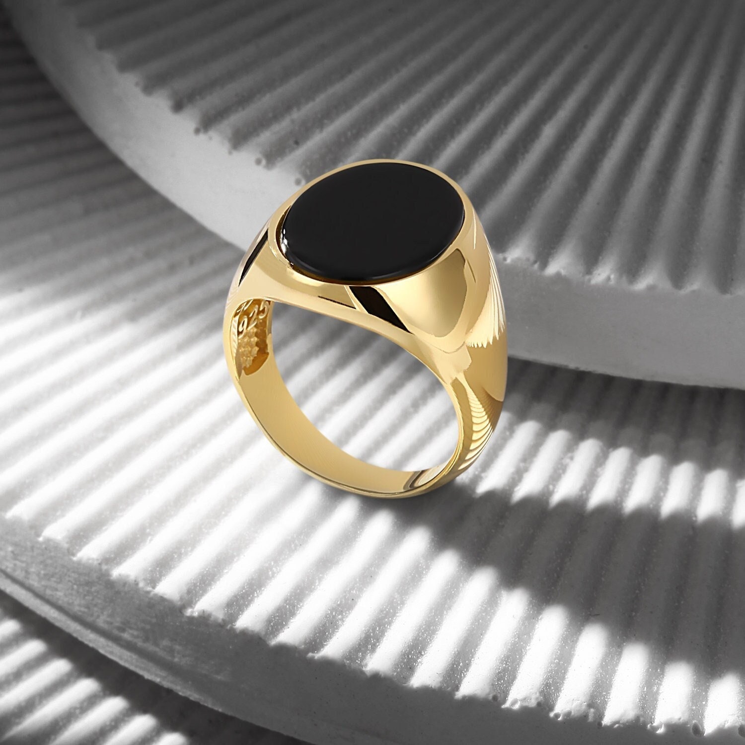Unisex 18K Gold Bonded Signet Ring With Onyx, Tiger Eye, Pearl