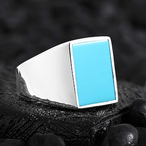 Mens Turquoise Silver Minimalist Signet Ring, Classic Gemstone Mens Jewelry, Boyfriend Birthday Gift, Unique Anniversary Gift for Men