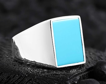 Mens Turquoise Silver Minimalist Signet Ring, Classic Gemstone Mens Jewelry, Boyfriend Birthday Gift, Unique Anniversary Gift for Men
