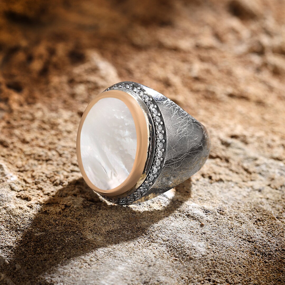Pearl Stone Silver Men Ring With CZ Diamonds White Mother of