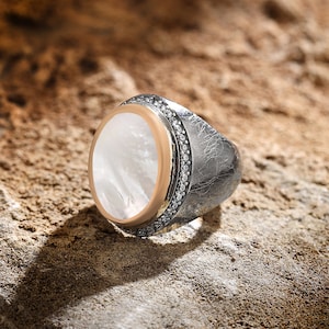 Pearl Stone Silver Men Ring with CZ Diamonds White Mother of Pearl Handmade Anniversary Gift, Silver Jewelry for Men, Valentine&#39;s Day gift