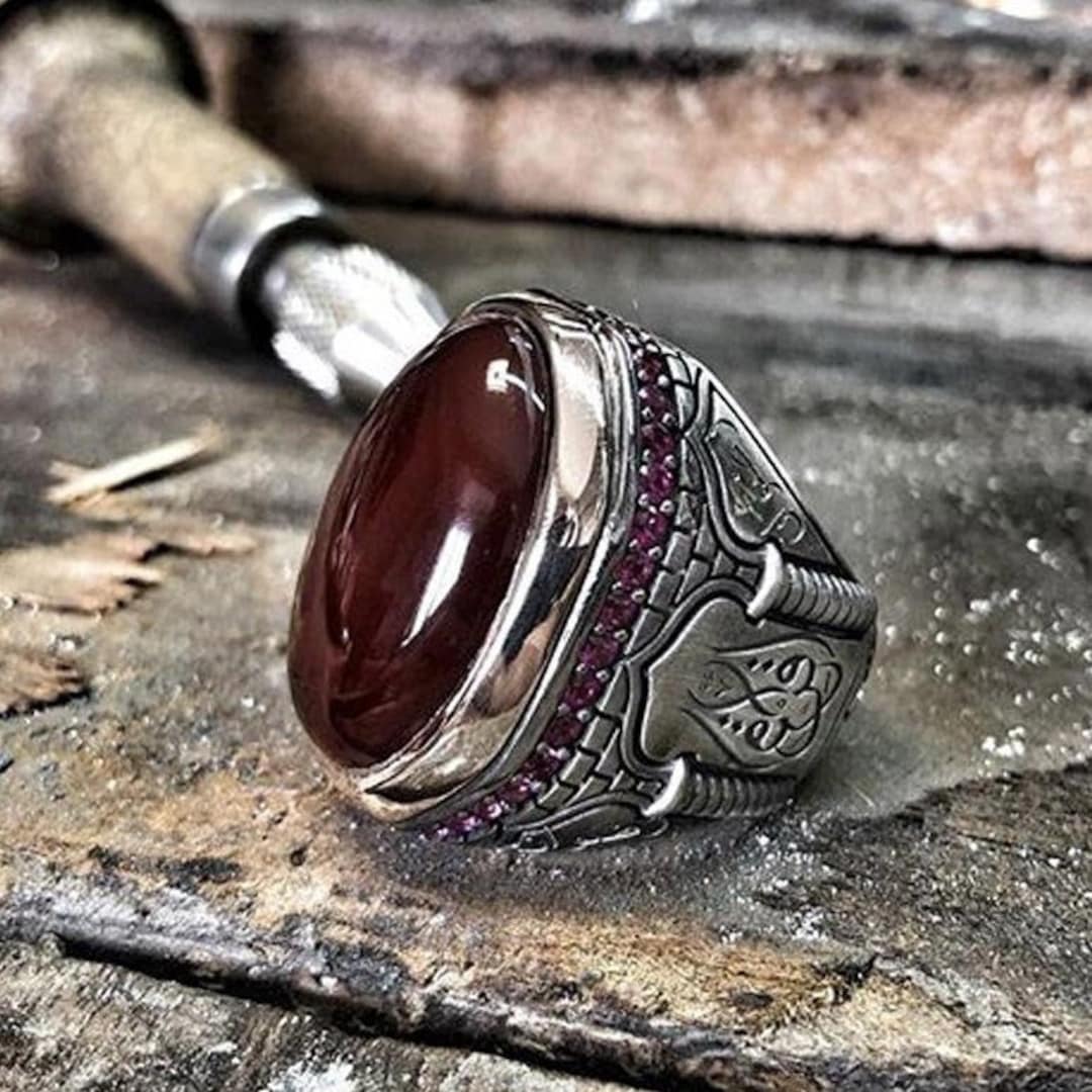 Handmade 925 Sterling Silver Red Agate Aqeeq Stone Mens Ring  925 Sterling Silver Men\'s Rings Red Agate main image 1
