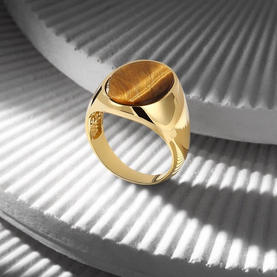 Tiger Eye 18K Gold Bonded Ring, Memorial Gold Statement Ring